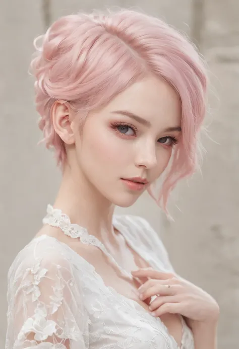 Full body like，United Kingdom，short detailed hair，A pink-haired，nurses，white  clothes，perfect figure beautiful woman, huge tit，Highly detailed facial and skin texture，A detailed eye，二重まぶた ( City street:1.1)