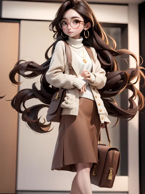 Masterpiece, Best quality, 8K, offcial art, Cinematic light, 超高分辨率, 1girll, Sexy, mature, Solo, jewelry, Earrings, Glasses, Skirt, Long hair, bag, view the viewer, hoop earings, Sweater, White sweater, Brown hair, Brown eyes, brown background, Jacket, Brow...