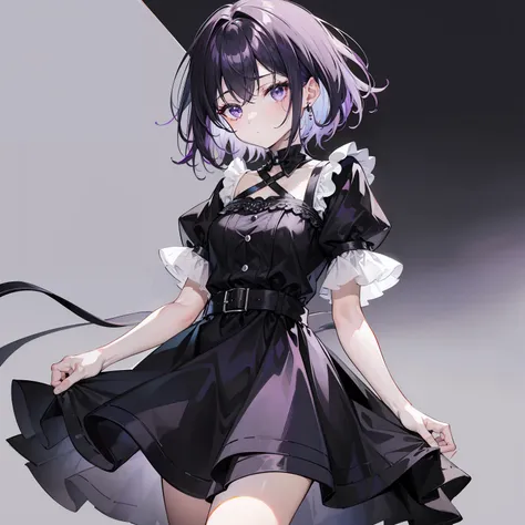 Black dyed with short light purple hair，Dress in plain black format，Has a pure white accent，Sweet