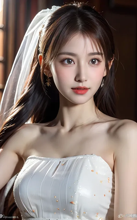 Highly detailed CG Unity 8K wallpapers、top-quality、ultra - detailed、tmasterpiece、hentail realism、Photorealsitic、extremely detailed cute girl、(25 age old)、Red blush、roundly eyes、Semi-body shot、white wedding gown、veils、armpit focus