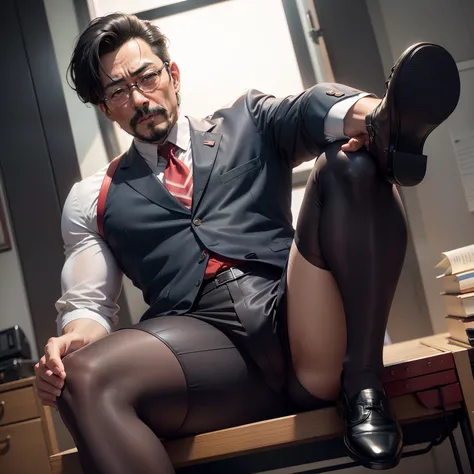 45 yers old，Kogoro Mouri，uncle，Tong，Bulge，Sitting in the office，Black short stockings，Slip leather shoes，lbeard，fortitude，k hd，artwork of a，an look of enjoyment，Be red in the face，Sweat on the legs，opening legs，wear suit，The crotch is raised