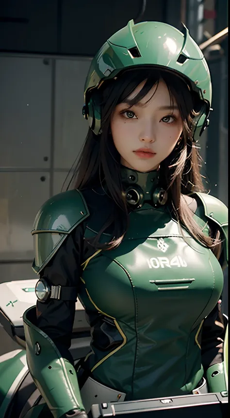 Highest image quality, outstanding details, ultra-high resolution, (realism: 1.4), the best illustration, favor details, highly condensed 1girl, with a delicate and beautiful face, dressed in a black and green mecha, wearing a mecha helmet, holding a direc...