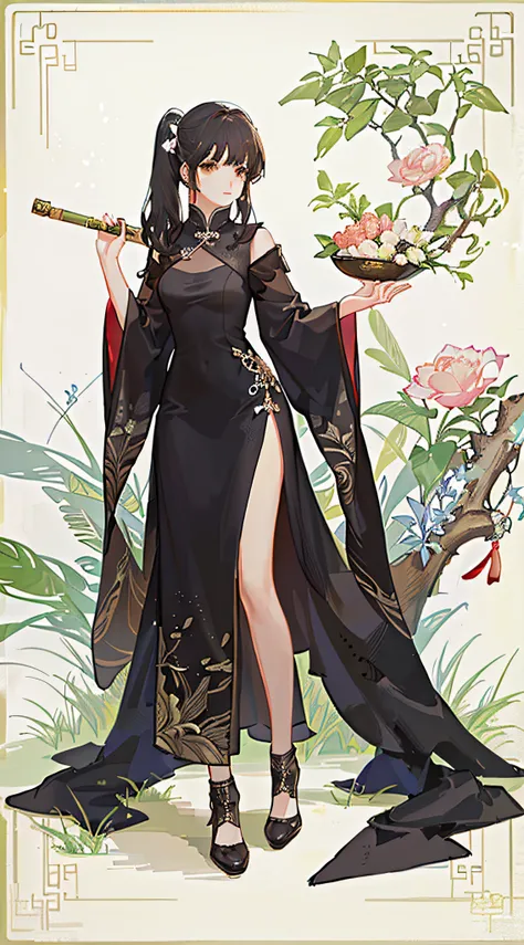 girl,full body,(detailed face:1.2), masterpiece, fashion,chinese dress,, medium hair, black hair, twintails, blunt bangs, brown eyes,