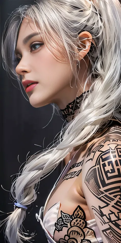 Photorealistic, High resolution, Soft light,1womanl, Solo, hips up high, glistning skin, (Detailed face),The tattoo, Jewelry, Chainmail, Night, White hair, Wavy Hair, Beautiful Soldier, An eye that invites the viewer, Lovers perspective, inviting expressio...