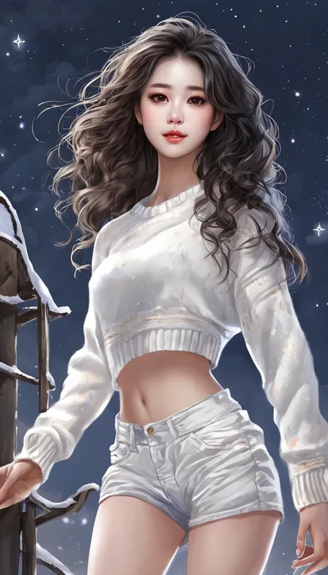 ((from side)), ((from below)), ((full body)), ((realistic)), Beautiful young girl, Beautiful Korean model, cabelos preto e longos, curlies, By bangs, (slender leg), (cold light, the night, starrysky), (at winter season, nevando, parks). ((White sweater, bs...