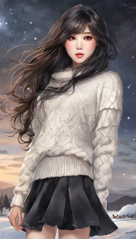 ((from side)), ((from below)), ((full body)), ((realistic)), Beautiful young girl, Beautiful Korean model, cabelos preto e longos, curlies, By bangs, (slender leg), (cold light, the night, starrysky), (at winter season, nevando, parks). ((White sweater, bs...