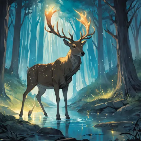 By the tranquil stream, Harry Potter stands amidst the lush greenery. With a flick of his wand, he utters "Expecto Patronum." A dazzling beam of light bursts forth, transforming into a majestic deer. The radiant Patronus emits a protective aura, bathing th...