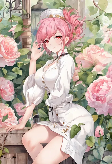 Full body like，United Kingdom，short detailed hair，A pink-haired，nurses，white  clothes，perfect figure beautiful woman, huge tit，Highly detailed facial and skin texture，A detailed eye，二重まぶた ( City street:1.1)