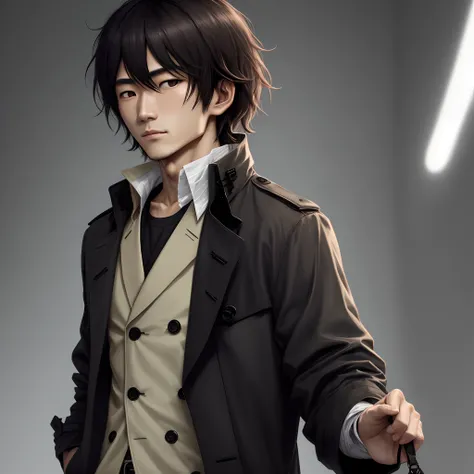 dazai osamu，a black trench coat，1:2，Brown eyes，short detailed hair，The right eye is bandaged