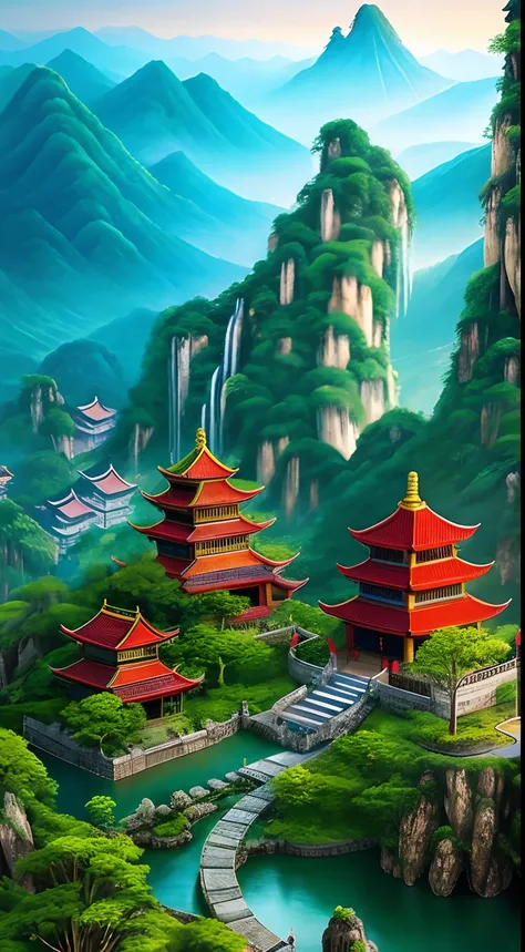 2. Mountain view with waterfall and pagoda in the middle, painted scene by Han Gan, winner of cg society competition, fantasy art, dreamy Chinese town, Chinese landscape, Chinese fantasy, made of trees and fantasy valley, ancient city view, order Impressiv...