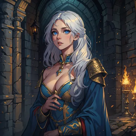 A beautiful woman with white hair and blue eyes, she is wearing a gorgeous princess dress, a blue and gold dress in a rocky, medieval and dark castle, she is the princess of a kingdom and is in a shadowy castle, the castle has dark colors and low light, a ...