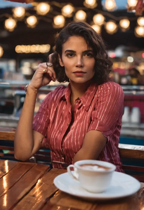 Foto de (Sh0hreh:0.99), uma jovem bonita deslumbrante, olhos castanhos, short hair, closeup ampliado em retrato de corte apertado, sentado em um (table on a seaside boardwalk cafe bar drinks cocktails:1.2) vestindo um (camisa de manga comprida de designer ...