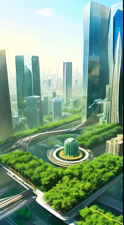 1970s scifi concept art, A sprawling cityscape where towering skyscrapers are interwoven with verdant vegetation and meandering rivers, birds flying freely among the buildings