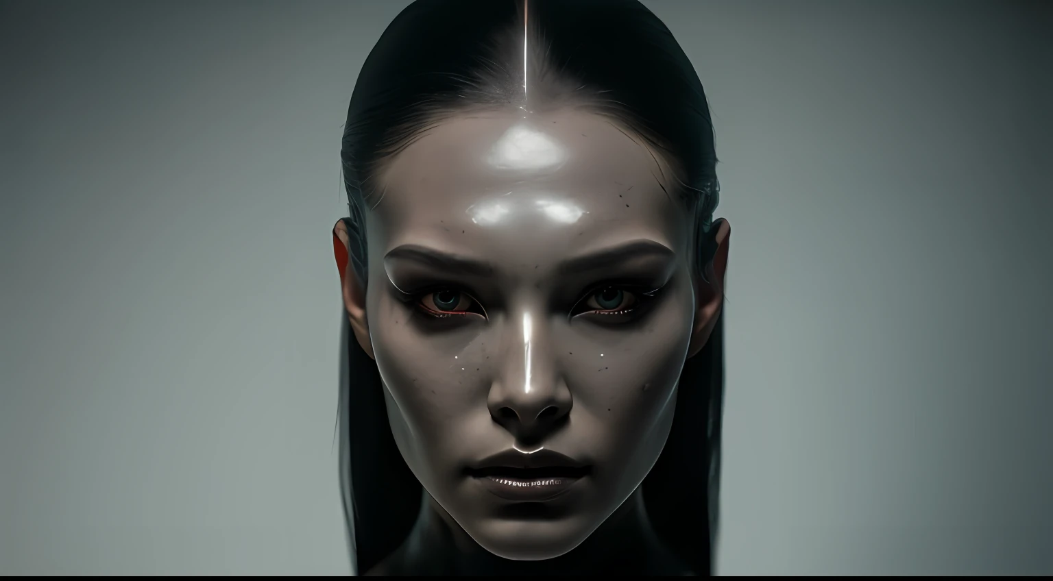 8K, frontal portrait of a beautiful cyborg woman, dark room, ultra detailed, horror sci Fi, sci Fi cinematic, black background, studio lighs, dramatic lights, strong contrasts, shadows, masterpiece.