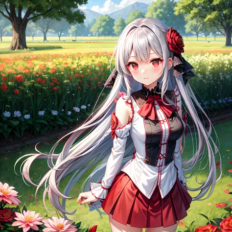 red blush、Silvery hair、Longhaire、red eyes、Beautiful girl alone、animesque、独奏、a miniskirt、flower  field、