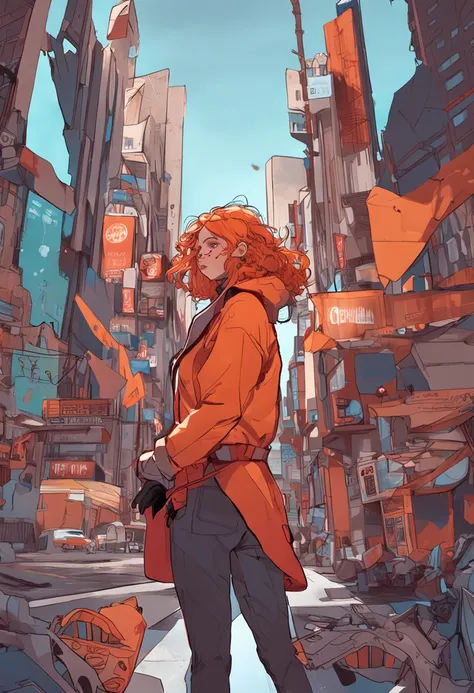 Full body like，United States，curlies，Orange hair，athlete，Red cloak clothes，perfect figure beautiful woman, huge tit，Highly detailed facial and skin texture，A detailed eye，二重まぶた ( City street:1.1)