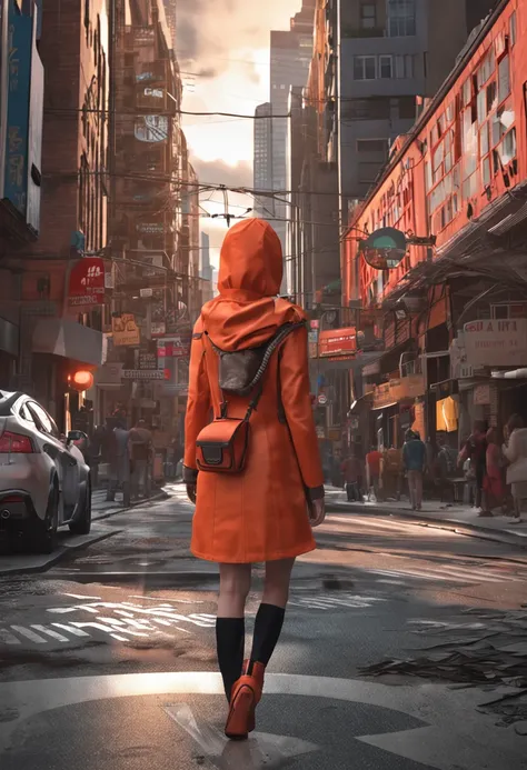 Full body like，United States，curlies，Orange hair，athlete，Red cloak clothes，perfect figure beautiful woman, huge tit，Highly detailed facial and skin texture，A detailed eye，二重まぶた ( City street:1.1)