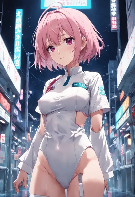 Full body like，jpn，short detailed hair，A pink-haired，nurses，white  clothes，perfect figure beautiful woman, huge tit，Highly detailed facial and skin texture，A detailed eye，二重まぶた