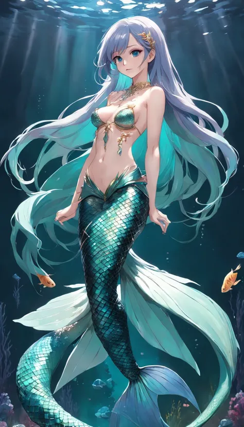 1 mermaid（slender fish tail、Full body standing painting）、独奏，Metal waist chain，Shell decoration，high detal，cinematic colorgrade，超高分辨率，Sharp focus，tmasterpiece，hdr，8K，（The is very detailed的 CG unified 8k 壁纸）