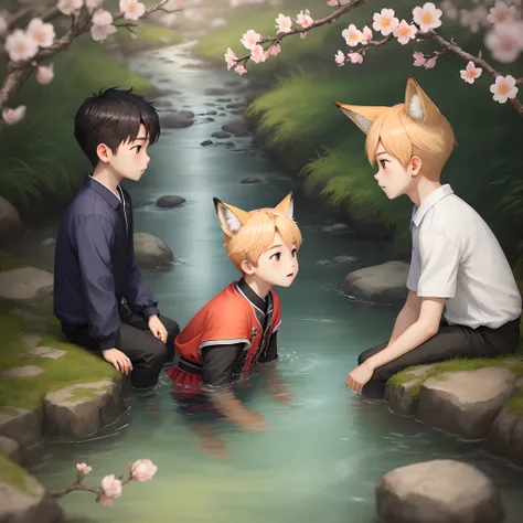 The two boys face each other，Costumes，peach blossom，small stream，fox ear，Clear face，4K