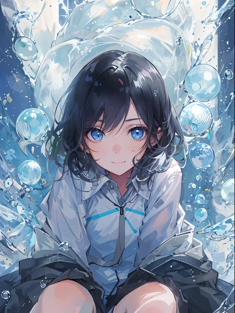 ((top-quality)), ((​masterpiece)), ((ultra-detailliert)), (extremely delicate and beautiful), girl with, 独奏, cold attitude,((Black jacket)),She is very(relax)with  the(Settled down)Looks,A dark-haired, depth of fields,evil smile,Bubble, under the water, Ai...