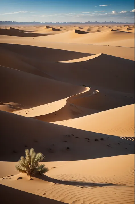 Compose an image that pays homage to the sweeping vistas of the movie Dune. Picture a boundless desert landscape stretching to the horizon, its golden sand dunes sculpted by relentless winds. These majestic dunes, akin to the giants of legends, bask beneat...