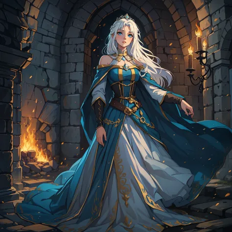 A beautiful woman with white hair and blue eyes, she is wearing a gorgeous princess dress, a blue and gold dress in a rocky, medieval and dark castle, she is the princess of a kingdom and is in a shadowy castle, the castle has dark colors and low light, a ...