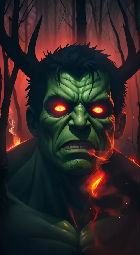 dark, unholy, evil, astral, creepy style, undead, rotting skin, mystical, realstic hulk in the woods, smoke, mist, night, face profile, from side, red glow, nihility, void, antlers, bright red void eyes, looking away up, staring into abyss