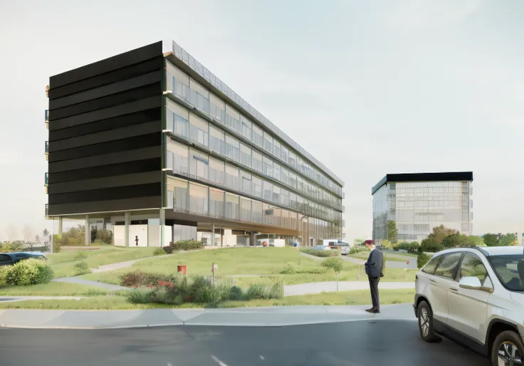 fotografia de rory gardiner, cars parked in front of a building with a man standing in front of it, medical research facility, architectural render, higher detailed illustration, exterior grande angular 2022, architecture rendering, artist impression, rend...