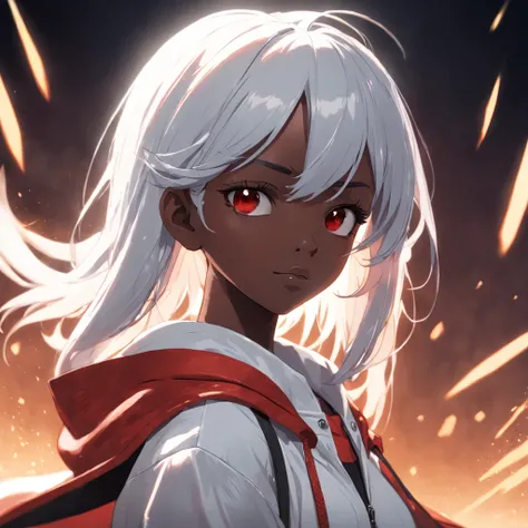 Female, age 16, 3D , front image, dark skin color, white hair color, clothing, white T-shirt with red jacket, looking at viewer, solo, upper body, ((masterpiece)), (best quality), (extremely detailed), depth of field, sketch, dark intense shadows, sharp fo...