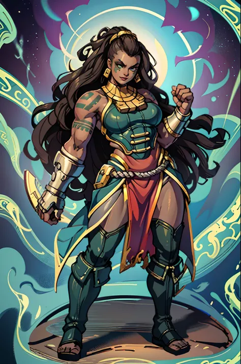 illaoi, 1girl, dark skin, long hair, muscular, solo, standing, detailed face, ultra detailed eyes, looking at viewer, cowboy shot, upper body, (masterpiece:1.2, best quality), flipflops,full body, crazy smile