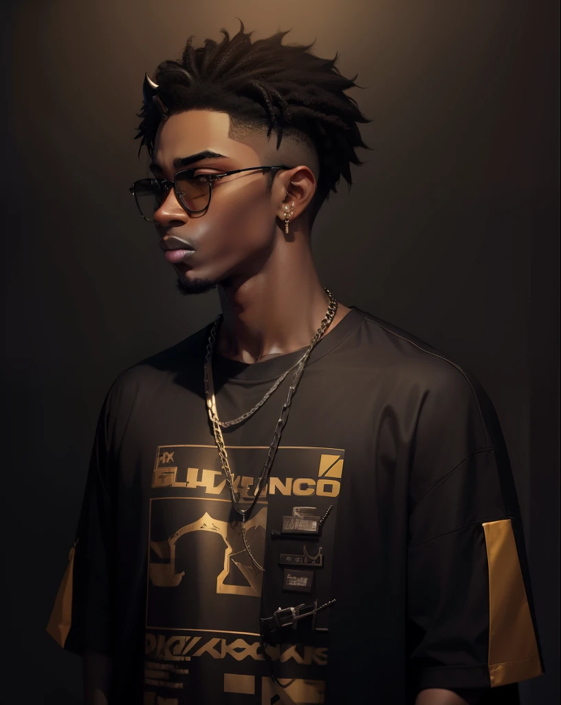 Black background,handsome boy,rapper,chains,black glasses,horns