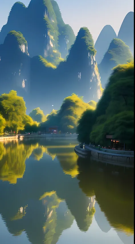 Masterpiece, best quality, extremely beautiful reflection, best reflection. (Very detailed CG 8K wallpaper), (best quality), (best illustration), (best shadow), landscape pictures of Guilin, photorealistic and early morning.