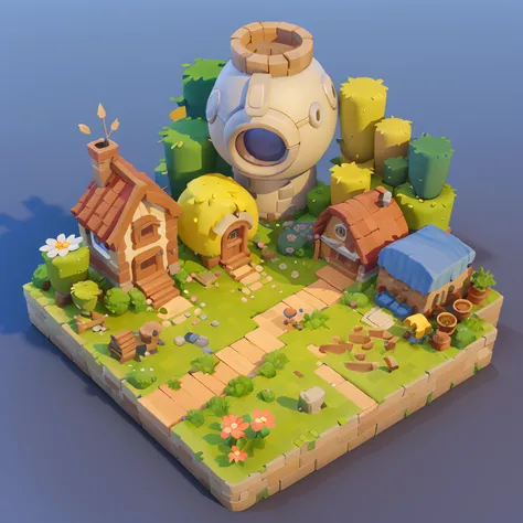 Game architecture design, cartoon, farm, stone, brick, grass, river, flowers, vegetables, wheat, trees, animals, casual play style, 3d, blender, masterpiece, super detail, best quality