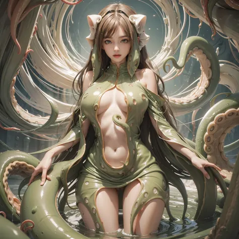 Best image quality, Slr, Masterpiece, 1 woman, Alien, Tentacles, Slimy, big that are about to burst 1.5, best body, tentacles entangled all over the body,