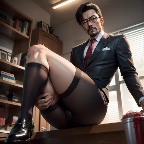 age 55，Kogoro Mouri，uncle，Tong，Bulge，Sitting in the office，Black short stockings，Slip leather shoes，lbeard，fortitude，k hd，artwork of a，look of anguish，Be red in the face，There is a white liquid on the legs，opening legs，wear suit，The crotch is raised