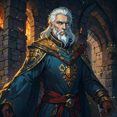 A king man with white hair, beard and blue eyes, he is dressed blue and gold in elegant costumes of a medieval king in a medieval and shadowy rocky castle, he is in a shadowy castle, the castle has dark colors and little light, a castle with warm colors, d...