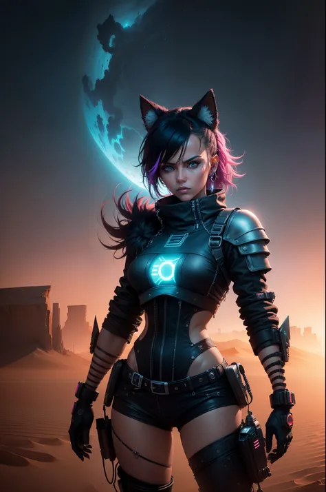 "woman stands alone amidst the endless expanse of the desert. 4k resolution, unmatched quality, meticulous detailing, and awe-inspiring sharpness. Embrace an cyber punk-inspired style fused with a palette of vibrant and neon colours. inspired by the movie ...