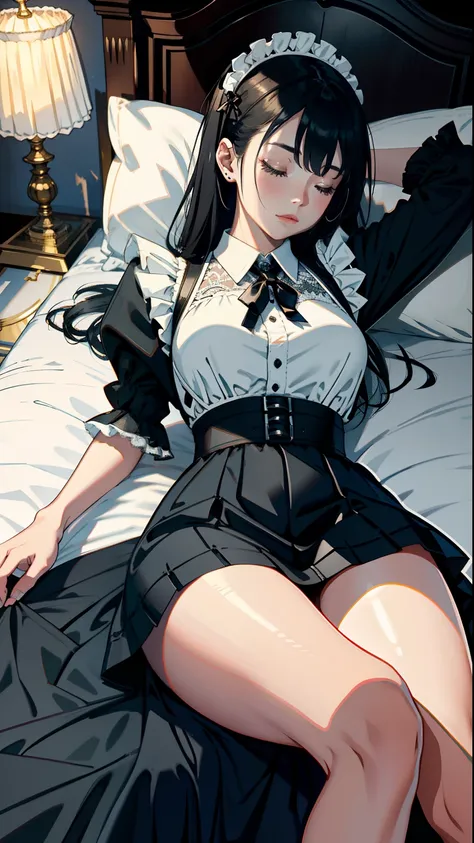 ​masterpiece, top-quality, Detailed details, Detailed landscapes, beatiful lights, Beautiful Shadows,girl with,((lying back)),((Sleeping in bed)),(laying on back),close legs,((Bare legged)),26 year old,Black eyes,a miniskirt,Slit skirt,((maid clothes)),(Cl...