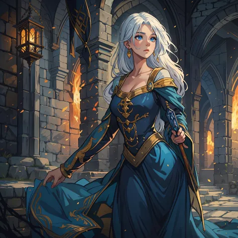 A beautiful woman with white hair and blue eyes, she is wearing a gorgeous princess dress, a blue and gold dress in a rocky, medieval and dark castle, she is the princess of a kingdom and is in a shadowy castle, the castle has dark colors and low light, a ...