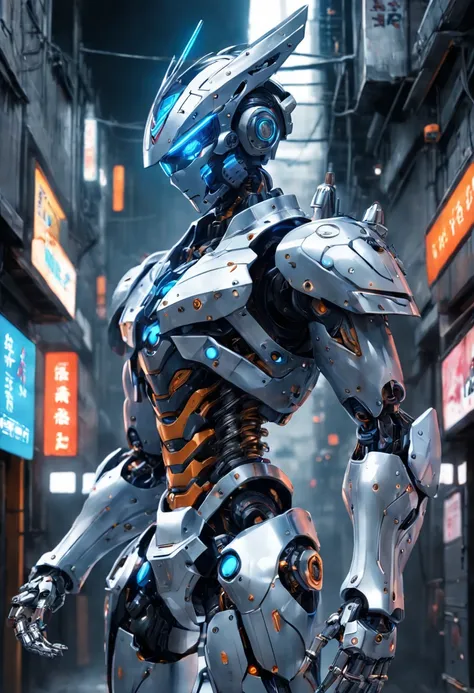 (Masterpiece, Best quality),  Intricate details, Photo, Realistic, illusory engine, Grey chrome and blue chrome
 Mecha, humanoid robots, robot, robotjoints, Joints, helmet, Armor, Robot man, New, Cyberpunk Warehouse, Computer terminal, Arc electricity,  sp...