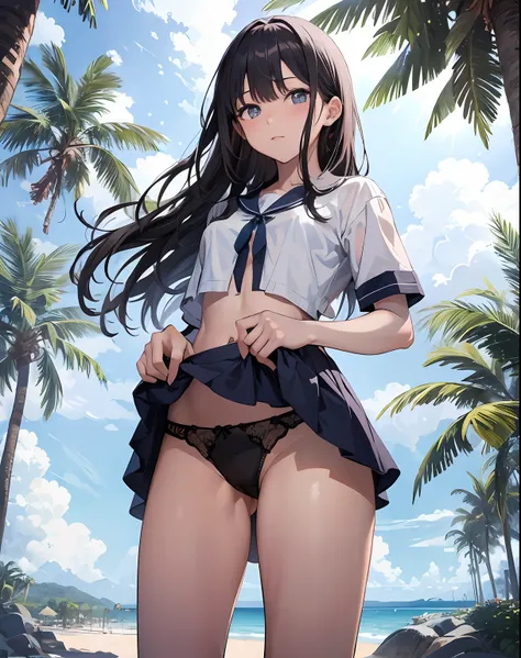 Clothes lifted up，Expose the chest
The panties were changed to light blue
The background is changed to be on the beach，There is a coconut tree behind him