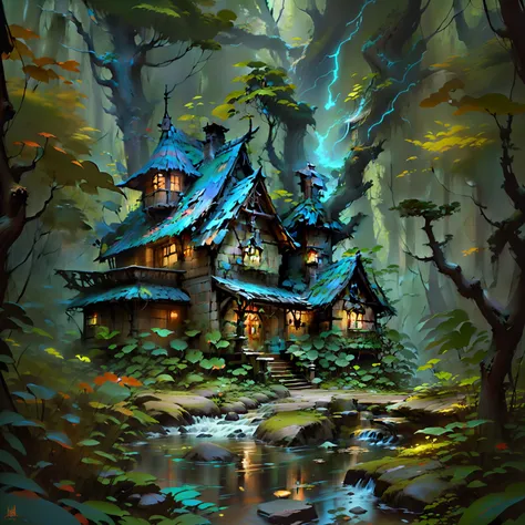 painting of a hut in the woods with a stream running through it;, Pintura realista de fantasia, whimsical fantasy landscape art, lightning fantasy magic, fantasy painterly style, Casa de campo na floresta, Casa da Fantasia, Casa na Madeira, Estilo Thomas K...