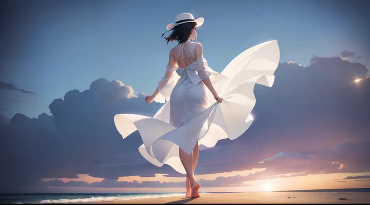 lone woman, walking on beach, barefoot, night, white gown, white hat, ultra detailed, lens flare, sfw, faraway shot, hands behind back, makoto shinkai