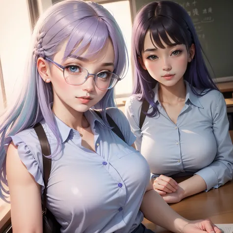 Light purple-blue hair，Crystal clear teacher uniform，A beautiful girl teacher who has a sense of freshness and refreshment