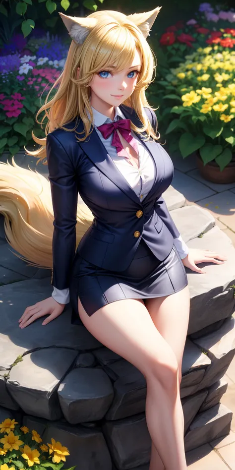 Big breasts, 1girl, ((blonde hair)) ((wolf girl)) blue eyes, has an extremely sexy body, with full breasts and a thin waist, and an extremely sexy body, blazer and short skirt, has a bold appearance. young, quality, realistic, best quality, cute expression...