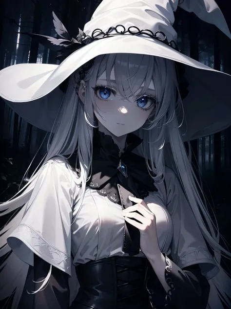 (Masterpiece, Best quality, ultra high resolution, splendid),1girl,witch hat, witch outfit,(White clothes), beautiful and detailed face, detailed eyes,in a forest, melancholic expression,((gray theme))