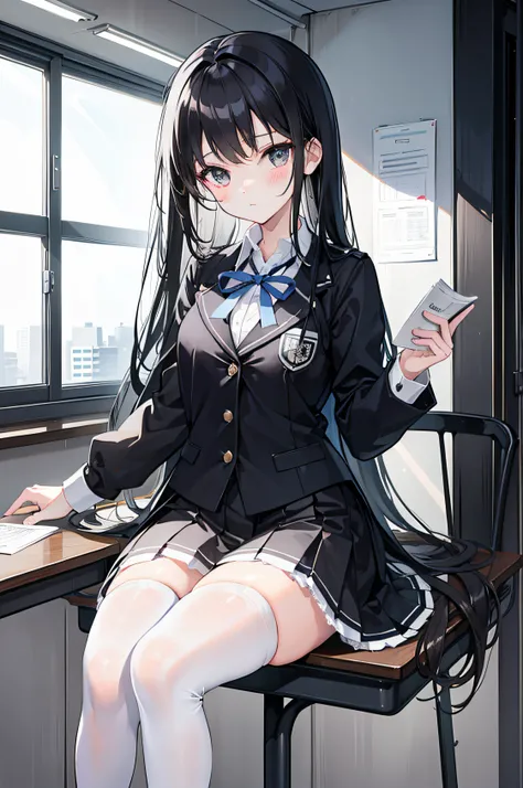 In the classroom, a student girl with long black hair wearing a black and white uniform and white stockings