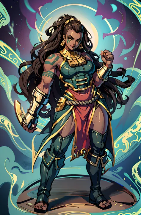 illaoi, 1girl, dark skin, long hair, muscular, solo, standing, detailed face, ultra detailed eyes, looking at viewer, cowboy shot, upper body, (masterpiece:1.2, best quality), flipflops,full body, crazy smile