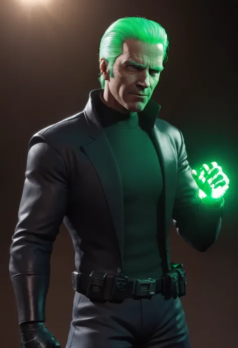 melhor qualidade, Ultra resolution, corpo inteiro, fundo detalhado, realista, 8k, A man in a black shirt and blue pants holding a green light, Joe Biden como um personagem JoJo, Retrato completo de Electromancer, Personagem de anime, Anime Ciborgue, joe bi...